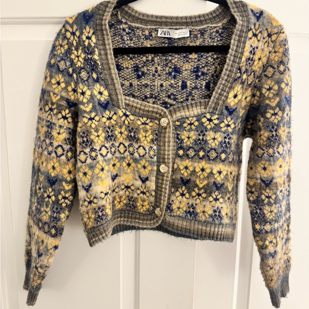 Women's Blue and Yellow Patterned Cardigan